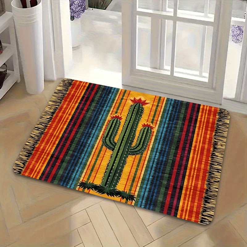 Area Rug Mexican Cactus Stripe Flannel Mat with Five Size and Set Choices for Kitchen or Entryway