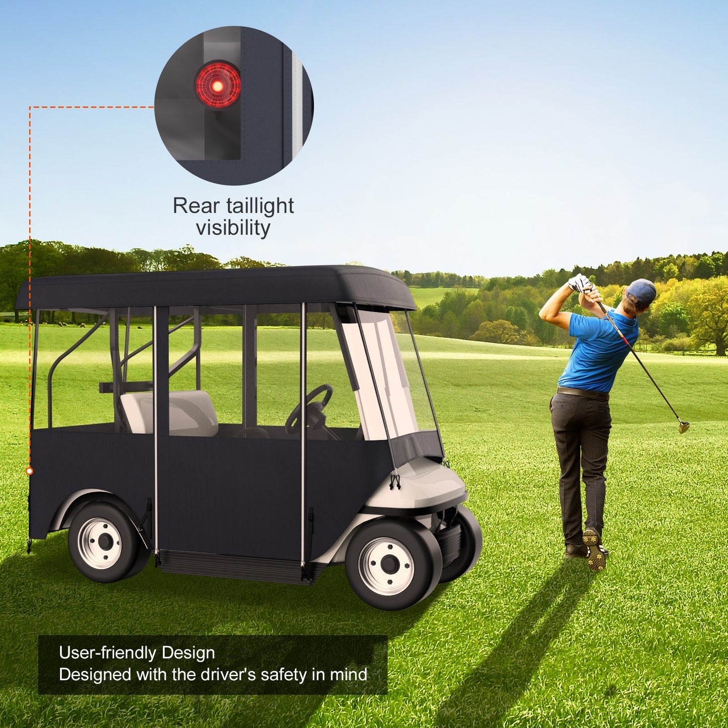 Golf Cart Enclosure 4-Person 300D Waterproof Driving Cover 4-Sided with Transparent PVC Windows Zippered Doors UV-Resistant All-Weather Golf