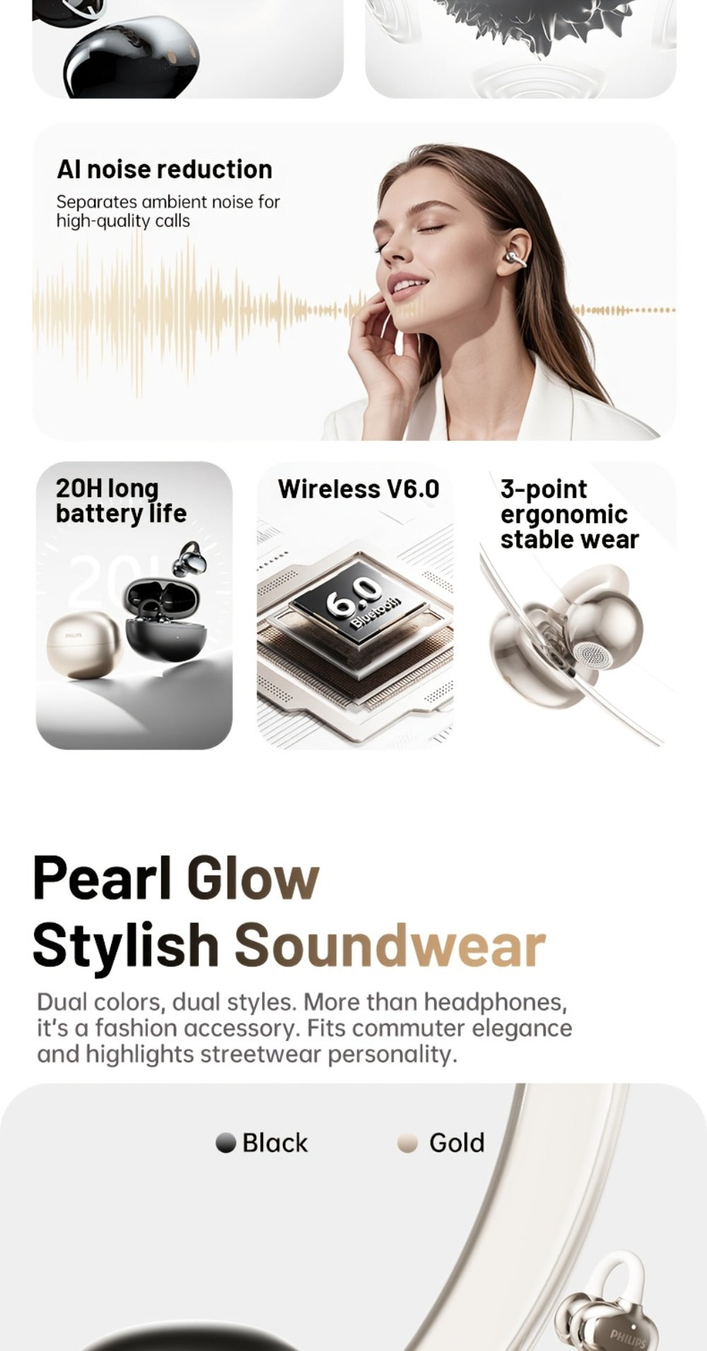 Philips TWS Ear Clip Sport Headset Hi-Fi Bass Stereo HD Calls Earhook Wireless Bluetooth for an Everyday Personal Care Routine