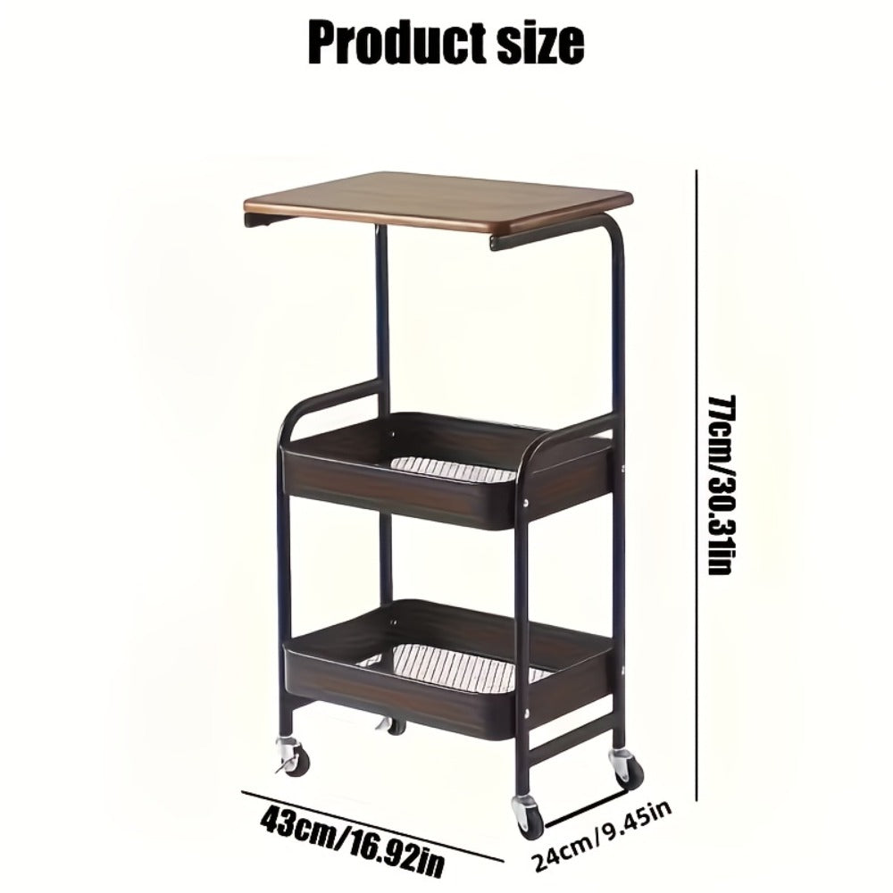 Storage Trolley with Wheels 3-Tier Wooden Tabletop Rolling Cart – Reinforced Black Metal Frame, Locking Casters