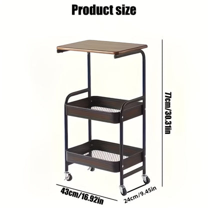 Storage Trolley with Wheels 3-Tier Wooden Tabletop Rolling Cart – Reinforced Black Metal Frame, Locking Casters