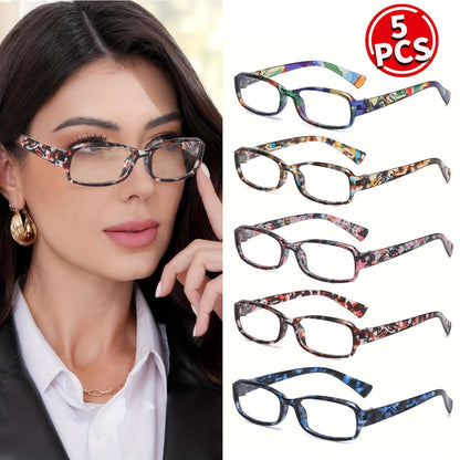 Reading Glasses 5-Pack Square Multicolor Printed Frames with Lens Design and 1.0x to 4.0x Options