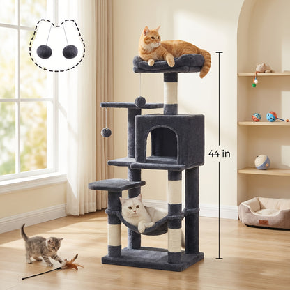 Cat Tree Tower Multi-Level Condo – 44in & 66in with Cozy Cave, Plush Hammock, 4 Sisal Scratching Posts & 2 Perches | Anti-Tilt Stable Cat