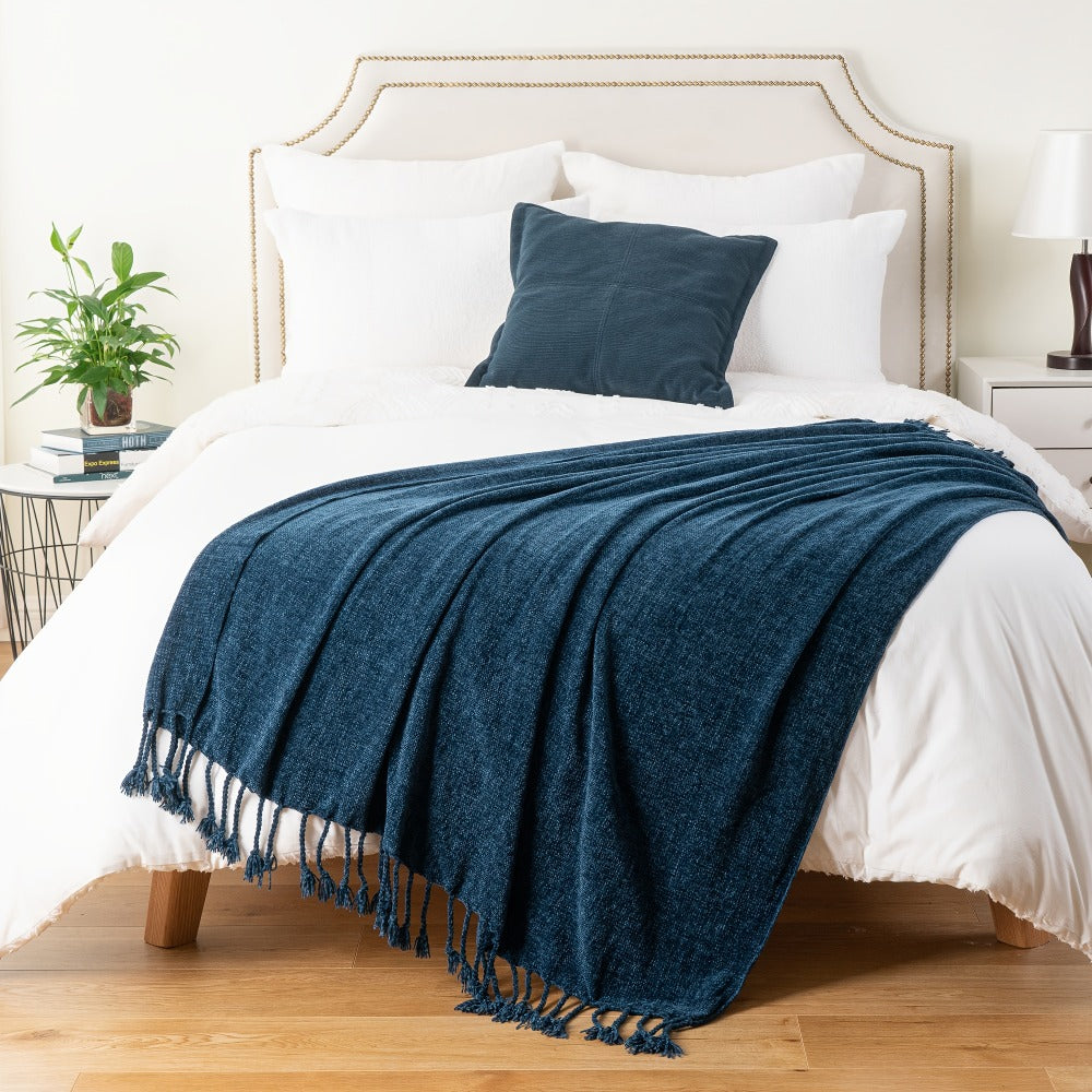 Chenille Fringe Throw Blanket, 180-200gsm Velvety Decorative Throw for Sofa & Couch, Home Decor, 50”×60”