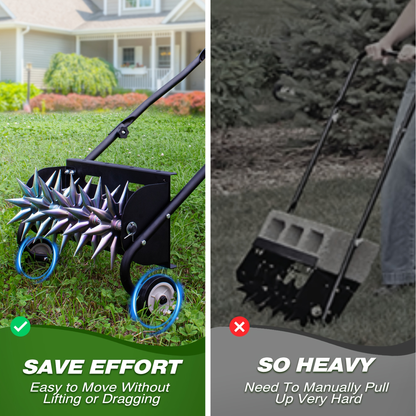 Rolling Lawn Aerator Push Spike 16.5" with 5-Star Steel Tines, Weight Tray & Steel Handle for Deep Soil Aeration