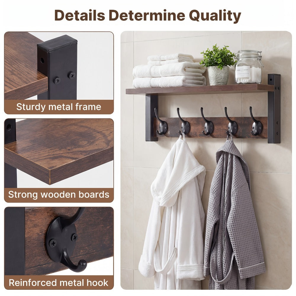 Vintage Wall-Mounted Shelf and Key Rack with Five Hooks, 17.1-Inch Width and Brown Board Finish