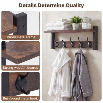 Vintage Wall-Mounted Shelf and Key Rack with Five Hooks, 17.1-Inch Width and Brown Board Finish