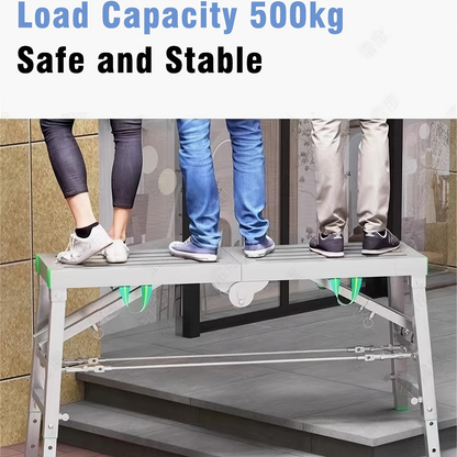 Scaffolding Work Platform Folding Steel Step Ladder Adjustable Height Portable Drywall Bench for Garden, Patio and Yard Use