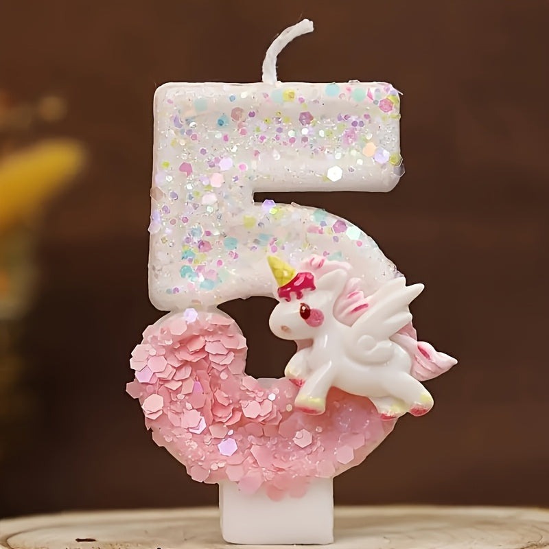 Unicorn Number Cake Topper 0-9 Birthday Party Decoration Glitter Figure Candle Topper for Entryways, Bedrooms and Living Spaces