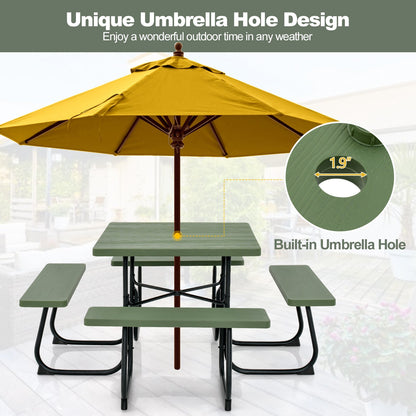 Outdoor Picnic Table 8-Person, Square HDPE Table with 4 Built-in Benches, Umbrella Hole, Metal Frame