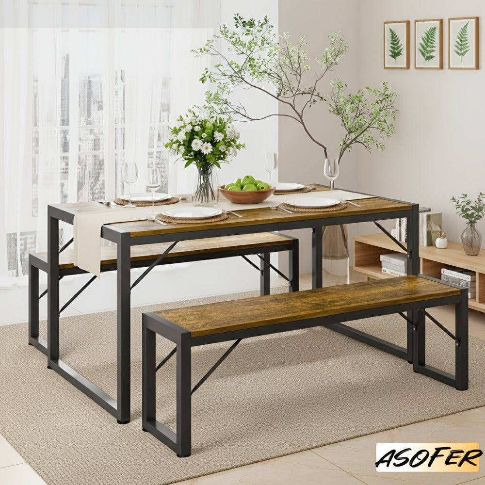 45.5-Inch Three-Piece Dining Table Set with Rectangular Table, Two Backless Benches and Three Colors