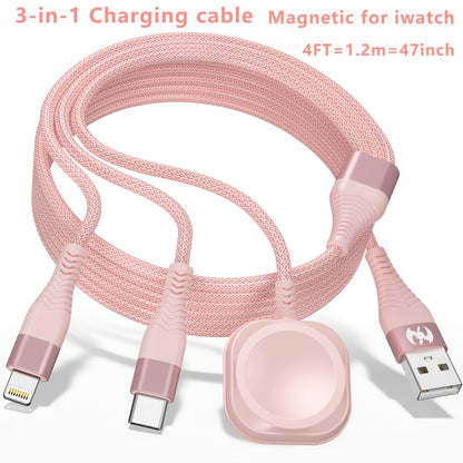 Nylon Braided 3-in-1 Magnetic Charging Cable 1.2M – iWatch Wireless Charger + Lightning Fast Charge + USB-C for iPhone 8–16 Android Samsung