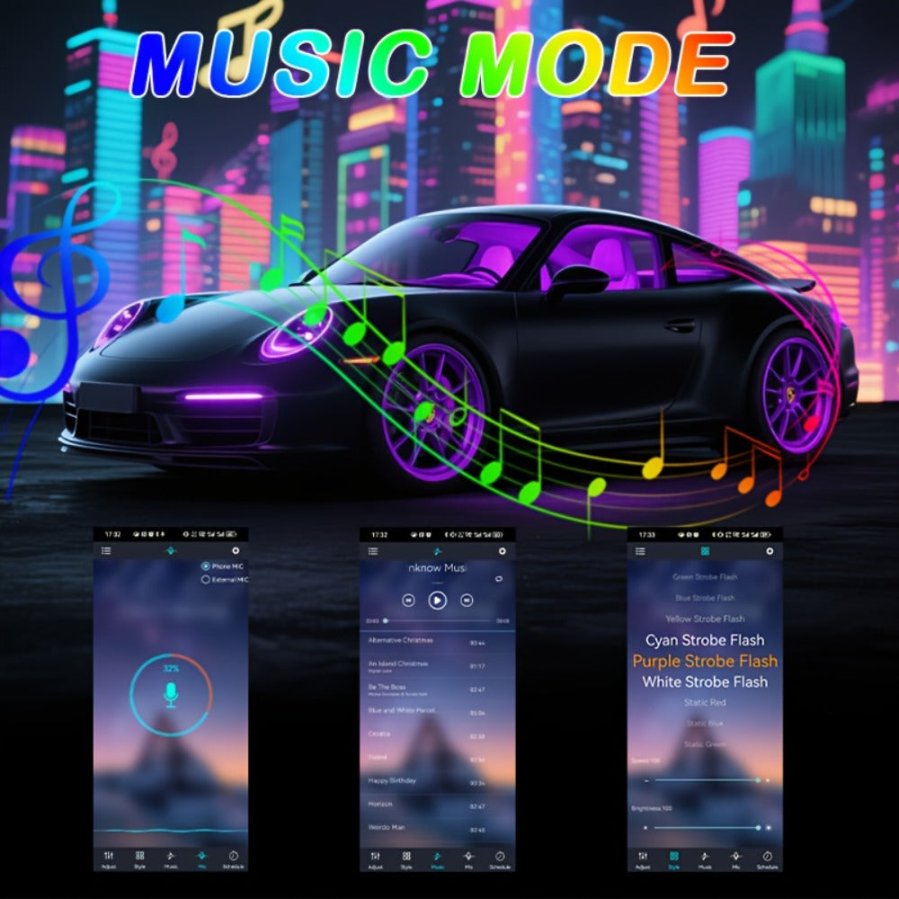 Car Interior Footwell Light Kit with Four Pictured Bars, App and Remote Control, Music-Responsive Color Modes