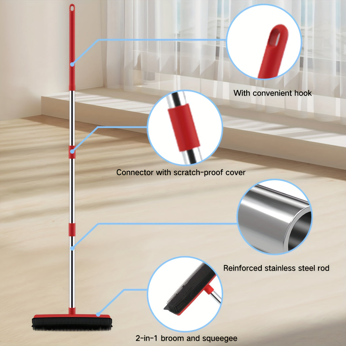 Pet Hair Removal Broom 2-in-1 Silicone Rubber Bristle Broom & Squeegee – Anti-Static Pet Fur Cleaner for Carpet, Hardwood & Tile Floors