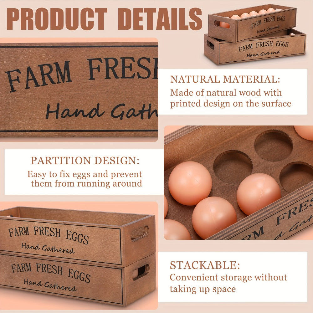 Farmhouse Wooden Egg Holder Rack 2pcs – 24 Egg Storage Display with Handle for Kitchen, Farm, Easter