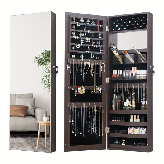 Full Length Mirror Jewelry Armoire Cabinet, 2-in-1 Lockable Over the Door Mirror with Jewelry Storage, Makeup Organizer with Baskets Bins