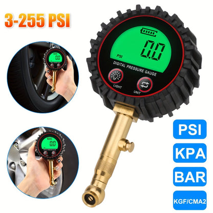 Digital Tire Pressure Gauge LCD 3-255 PSI – 4-Unit Display (PSI/Bar/KPa/kg㎡), Green Backlight, 360° Chuck, Auto Shut-Off for Cars, Trucks