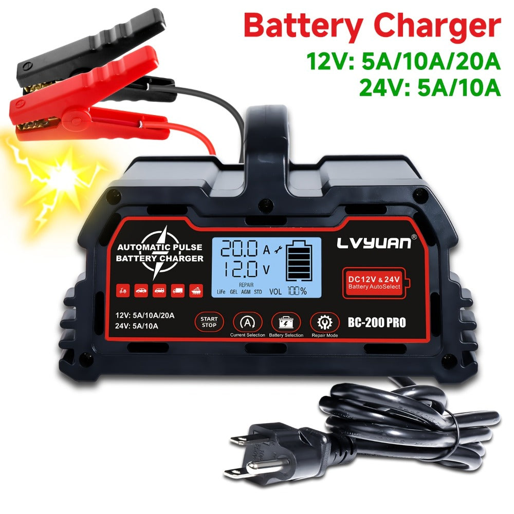 Smart Battery Charger Maintainer 12V 20A 24V 10A 8-Stage with Temperature Compensation for LiFePO4 Lead Acid Car Truck Motorcycle Boat