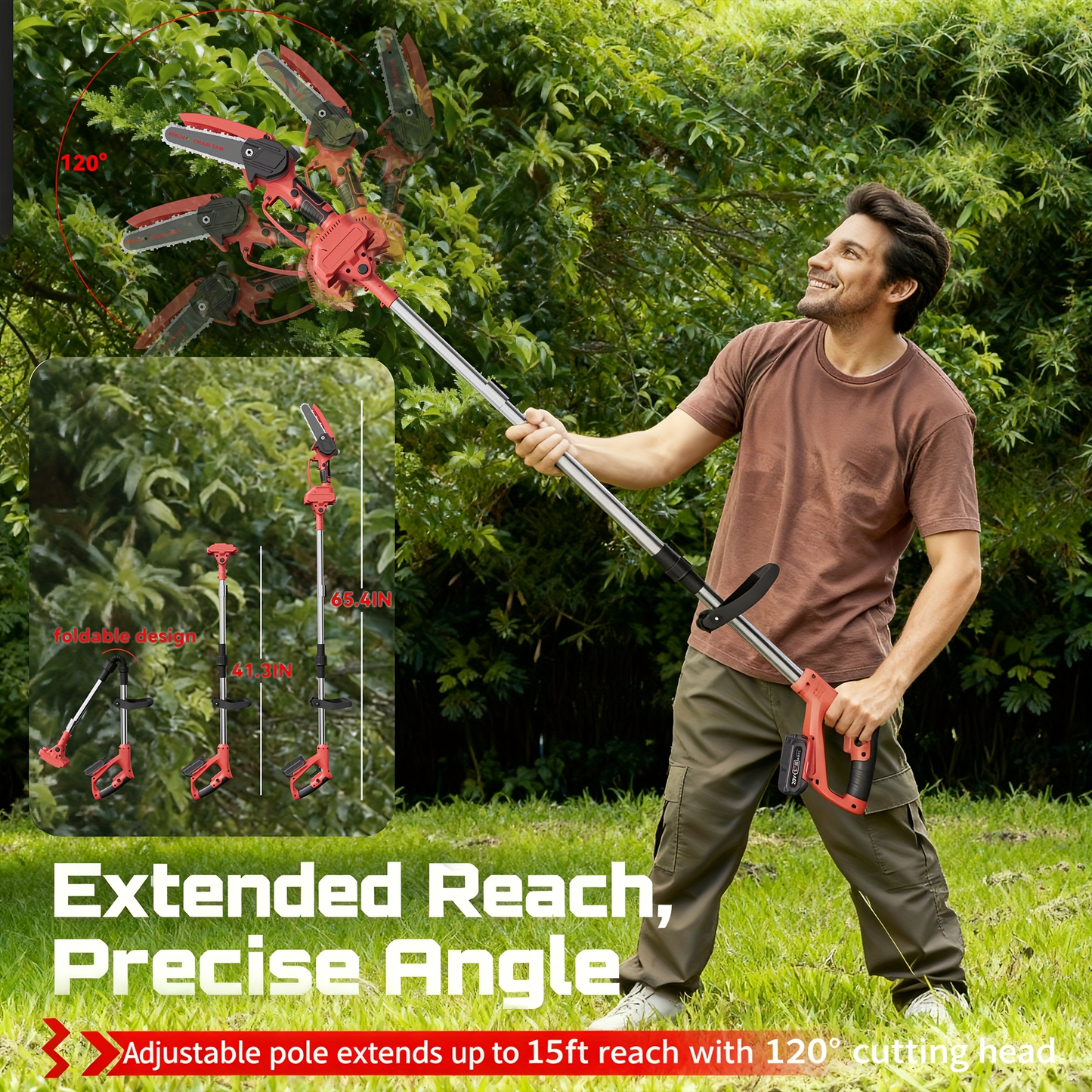 6-Inch Foldable Cordless Pole Saw with Two Chains, Red or Yellow Dual-Battery Packs and Black Option