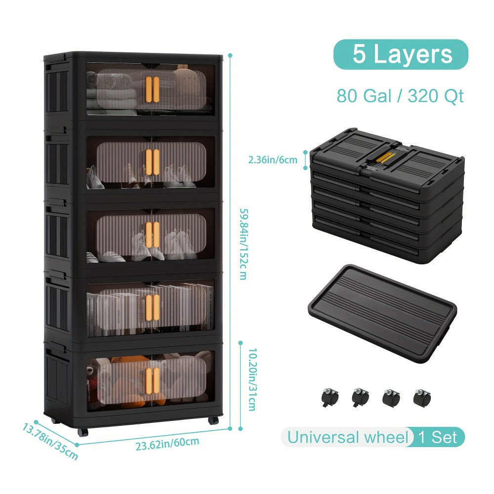 Storage Cart 4 or 5-Tier Enclosed Plastic Organizer with Double Doors, Folding Panels and Lockable Wheels