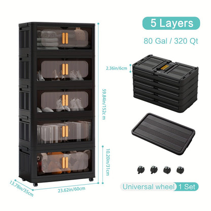 Storage Cart 4 or 5-Tier Enclosed Plastic Organizer with Double Doors, Folding Panels and Lockable Wheels