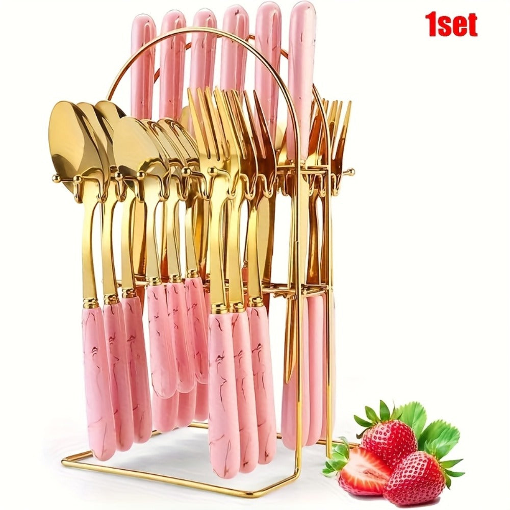 Marble Pattern Cutlery Set 24pcs – Dinner Forks Soup Spoons Teaspoons for Home Hotel Restaurant