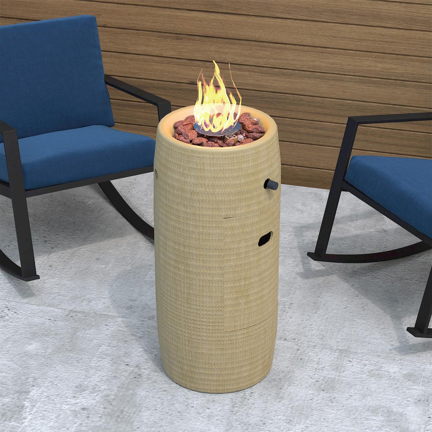 Propane Fire Pit Portable 11 Inch Outdoor 15000 BTU Self-Lighting Metal Concrete All-Weather Round Patio for Garden, Patio and Yard Use