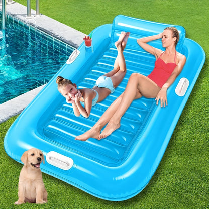 Inflatable Pool Lounger Sunbed for Adults 84"x47", 2-in-1 Tanning Float with Cup Holders, Removable Headrest & Handles