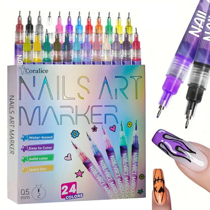 Nail Art Pens 24-Color Water-Based Marker Set with 0.5mm Fine Tips in a Boxed Multicolor Tray