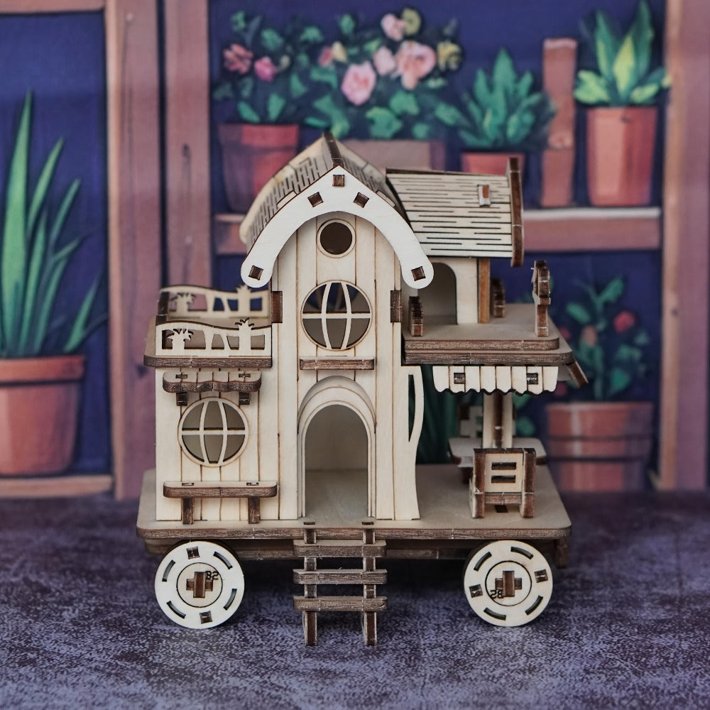 3D Wooden Puzzle Mobile Home on Wheels – DIY Café Bar Model Kit, Handcrafted Miniature House Assembly, Unique Desk Decoration Gift