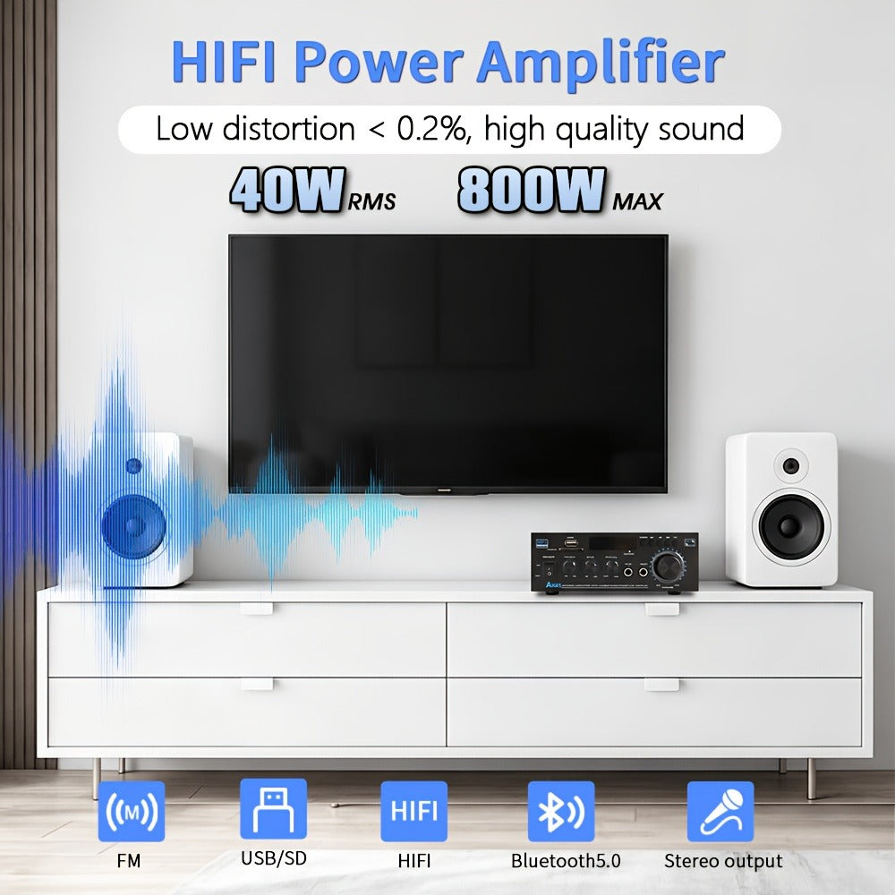 400W Bluetooth 5.0 Stereo Amplifier Receiver AK45, 2-Channel Home Audio Power Amp with Karaoke, FM Radio, USB MMC SD Card