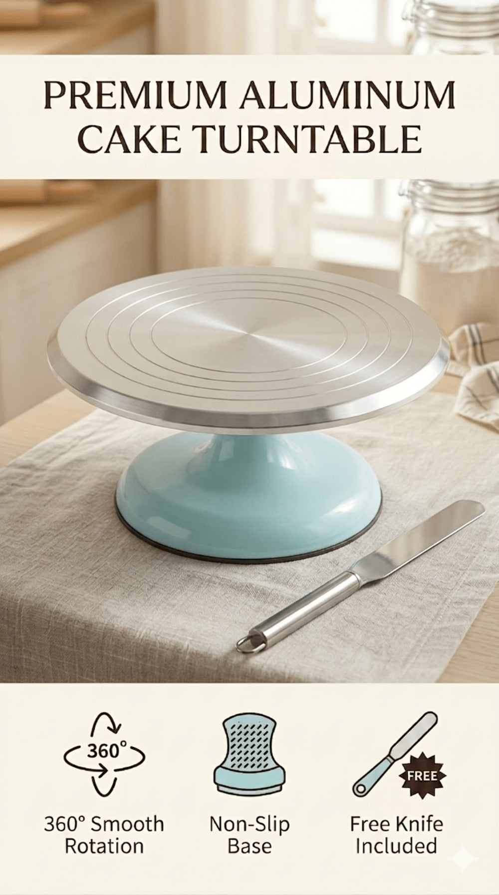 9.84-Inch Rotating Cake Turntable with Frosting Spatula and Pink, Sky Blue or White Base for Decorating