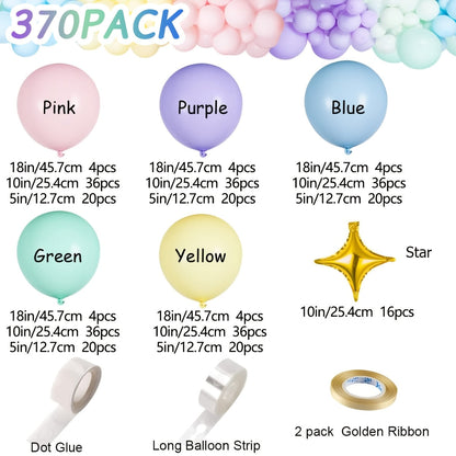 Pastel Balloon Set 370pcs, 10 & 5 Inch Macaron Latex Balloons with Wreath Kit for Birthday Party