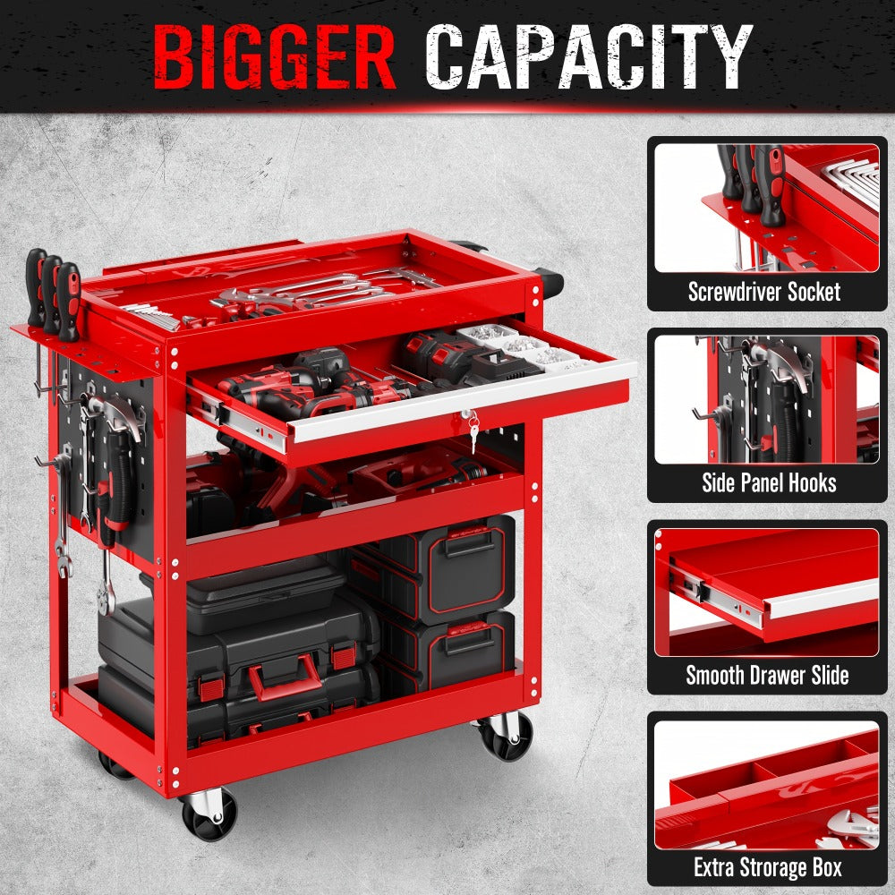 Rolling Tool Cart 3-Tier Pegboard Organizer Locking Drawer 4 Swivel Casters for Garage Workshop Mechanics Black Yellow