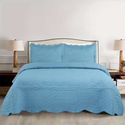 Quilt Set 3 Piece Floral Embroidery Bedspread – 100% Polyester Wrinkle Resistant Lightweight Quilted Coverlet with 2 Pillow Shams for Full