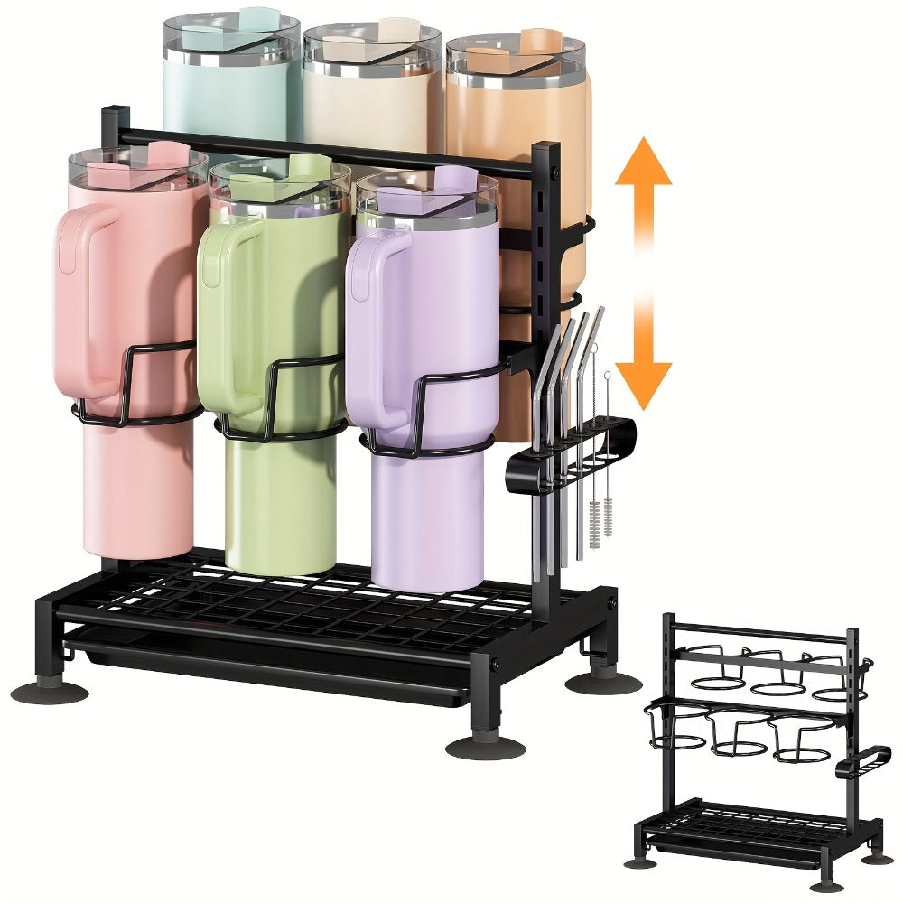Cup Holder Rack 6-Grid Cast Iron Water Bottle Organizer for Kitchen Cabinet | Adjustable Height Drinkware Storage Rack Holds 40oz Cups Mugs