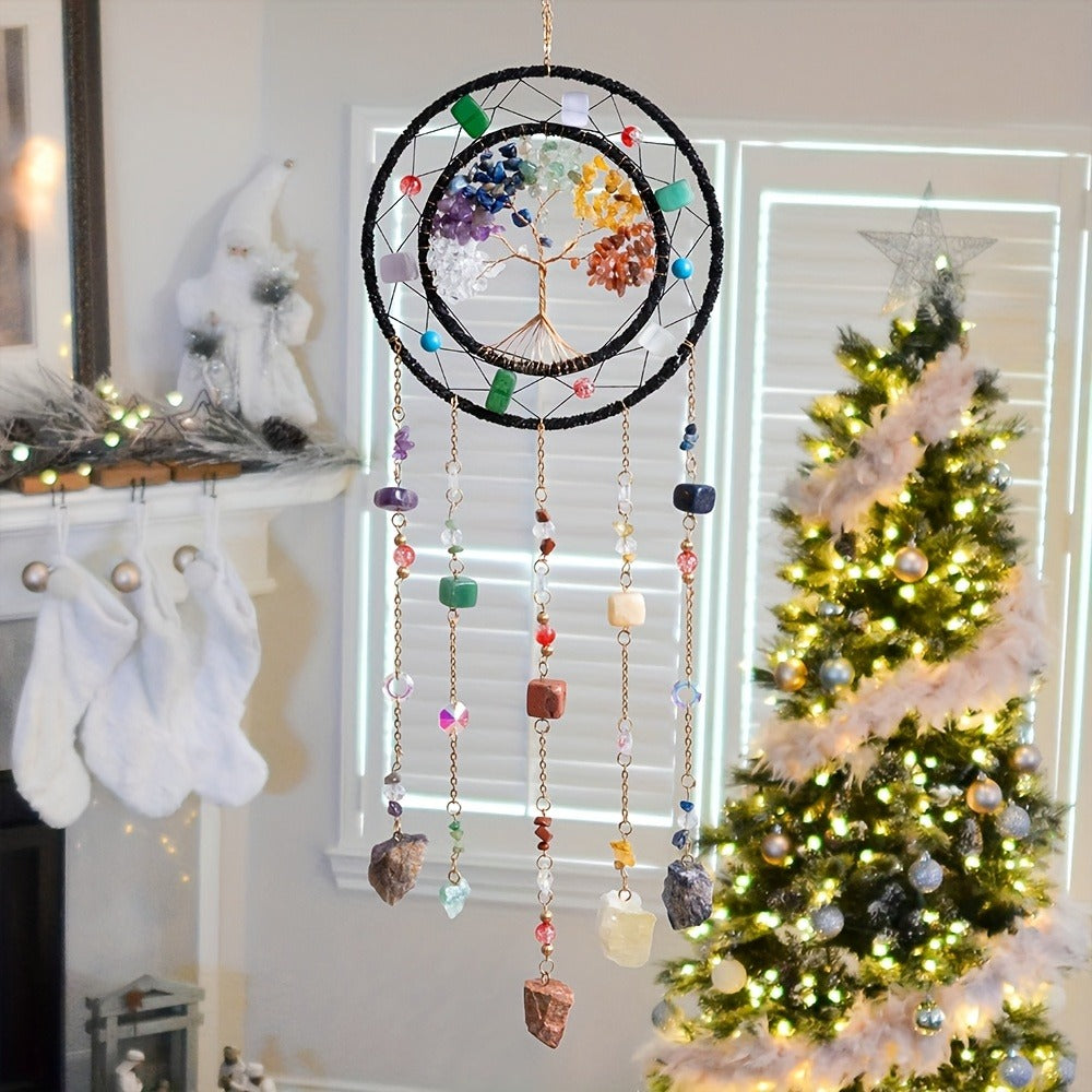 Crystal Wind Chime Suncatcher with Life Tree Pendant - Handmade Bohemian Shattered Stone for Entryways, Bedrooms and Living Spaces