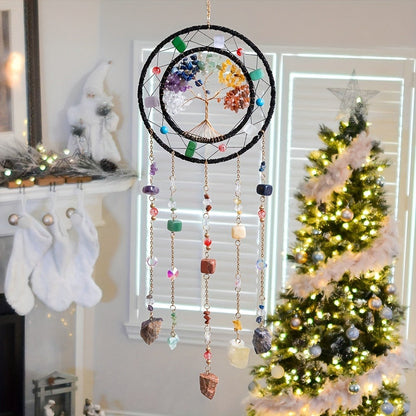 Crystal Wind Chime Suncatcher with Life Tree Pendant - Handmade Bohemian Shattered Stone for Entryways, Bedrooms and Living Spaces