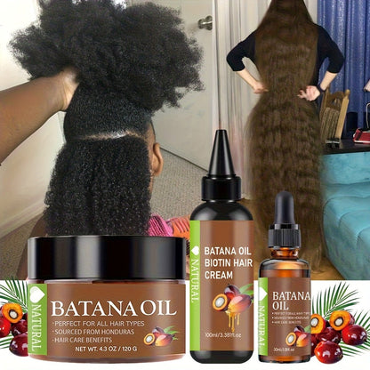 Honduran Batana Oil & Biotin 3-Piece Hair Care Set, Cold-Pressed Pure Extract, Nourishes Scalp, Strengthens Strands