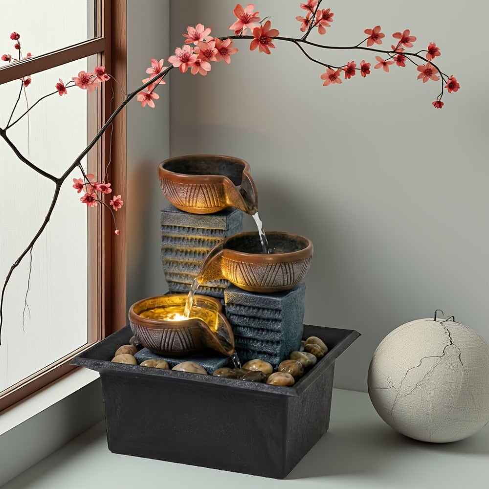 Tabletop Water Fountain Indoor, 4-Level Desktop Waterfall with LED Lights & Natural River Stones