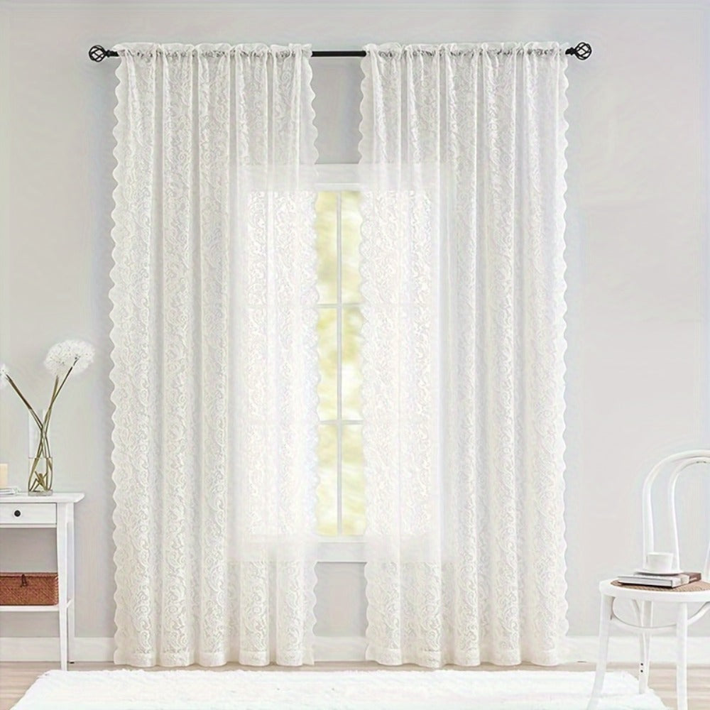 Sheer Curtain Rod Pocket Floral Lace Semi-Sheer Window Panel for Living Room Bedroom Kitchen Bathroom, 100% Polyester, Machine Washable