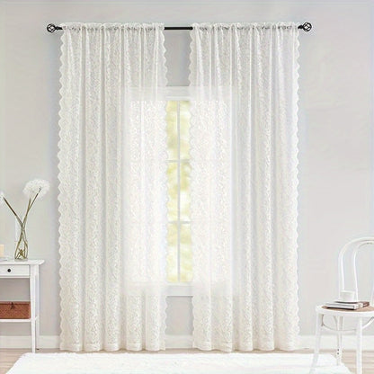 Sheer Curtain Rod Pocket Floral Lace Semi-Sheer Window Panel for Living Room Bedroom Kitchen Bathroom, 100% Polyester, Machine Washable
