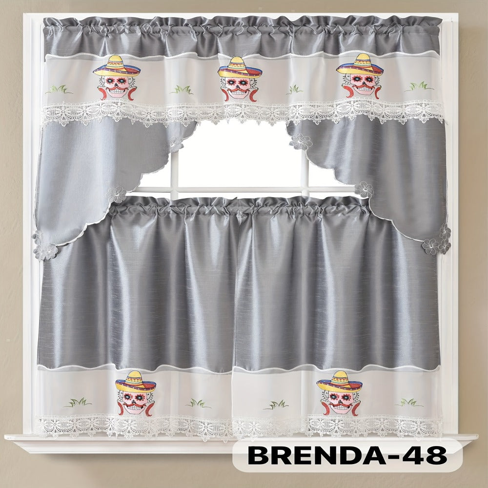 Kitchen Curtains 3 Piece Set Embroidered Satin Valance and Tiers – Rod Pocket Light Filtering Machine Washable 46 Colors