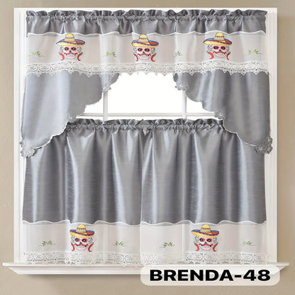 Kitchen Curtains 3 Piece Set Embroidered Satin Valance and Tiers – Rod Pocket Light Filtering Machine Washable 46 Colors
