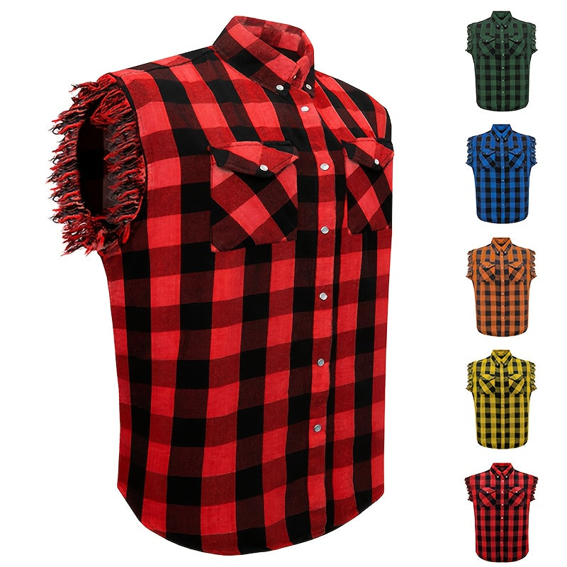 Men's Plaid Sleeveless Shirt with Fringe Hem, Checkered Cotton Button-Up Vest Top, Crew Neck Regular Fit for Streetwear Beach Vacation
