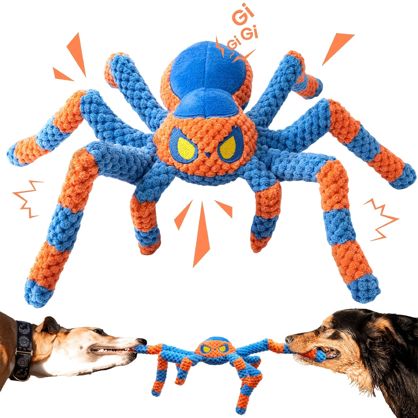 Squeaky Spider Dog Toy with Crinkle Legs, Red or Blue Plush Design for Tug, Fetch and Supervised Play