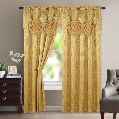 Two-Panel Jacquard Window Curtain Set with Attached Waterfall-Style Valance, 54 x 84-Inch Size and Four Colors
