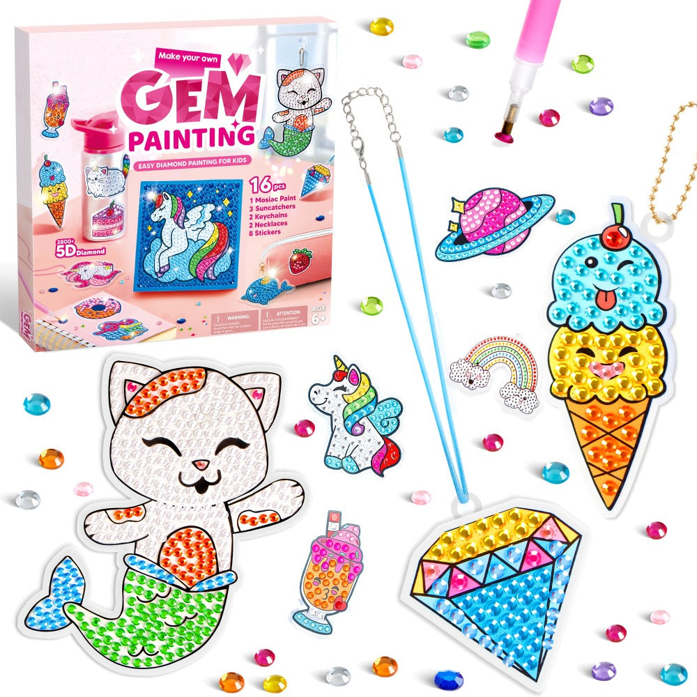 Diamond Gem Painting Kit for Girls Ages 6+ 16 Projects, 5D Gem Art Set with 2800+ Gems Unicorn Suncatchers Keychains Necklaces Stickers
