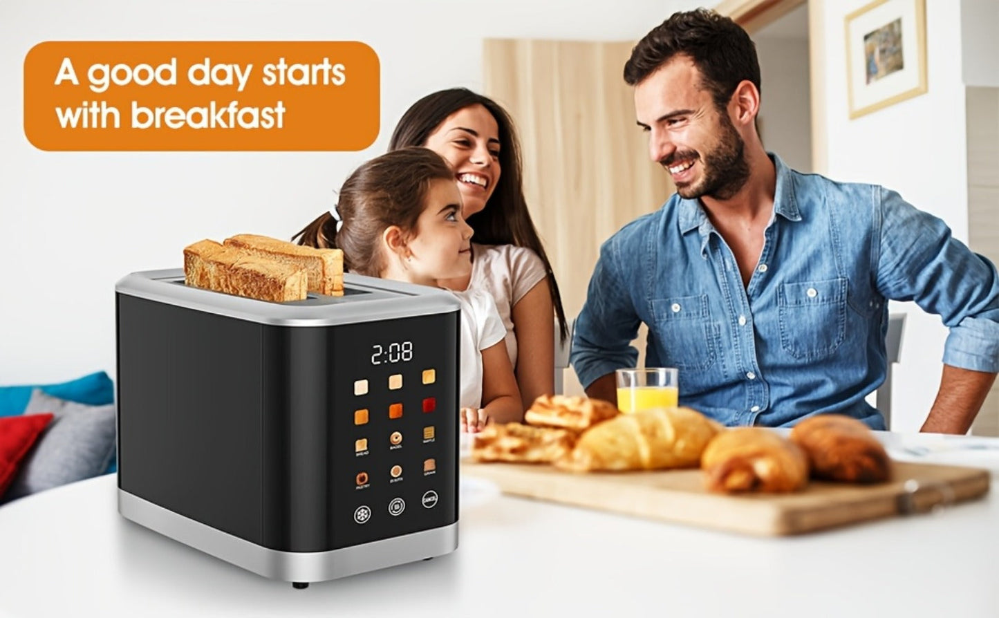 Smart Digital Toaster 2 Slice with Touch Screen LCD Display, 6 Bread Types & 6 Shade Settings, Extra Wide Slots, Stainless Steel – Bagel