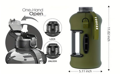 74oz Half Gallon Water Bottle with Straw & Handle, Large Gym Water Jug with Sleeve & Bottle Brush